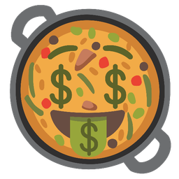 Shallow pan of food and Money-mouth face