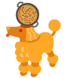 shallow pan of food and poodle