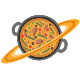 shallow pan of food and ringed planet