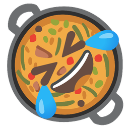 Shallow pan of food and Rolling on the floor laughing