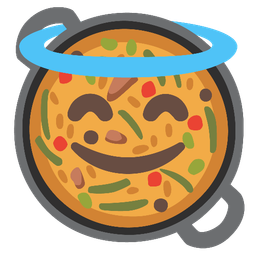 Shallow pan of food and Smiling face with halo