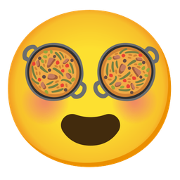 Shallow pan of food and Smiling face with heart-eyes