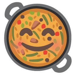 Shallow pan of food and Smiling face with smiling eyes