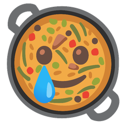 Shallow pan of food and Smiling face with tear