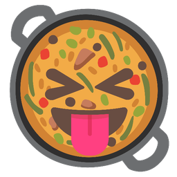 Shallow pan of food and Squinting face with tongue