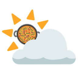 shallow pan of food and sun behind cloud