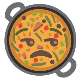 shallow pan of food and unamused face