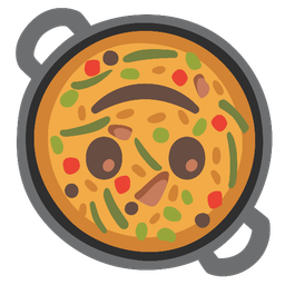 Shallow pan of food and Upside-down face