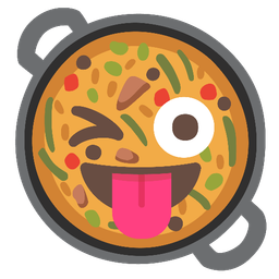 Shallow pan of food and Winking face with tongue