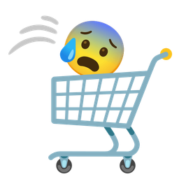shopping cart and anxious face with sweat