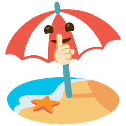 shushing face and beach with umbrella