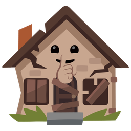 shushing face and derelict house