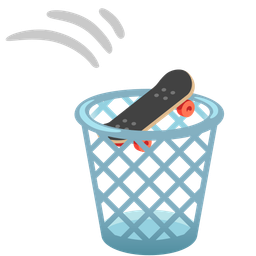 skateboard and wastebasket
