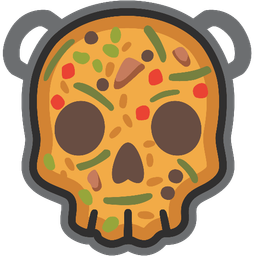 skull and shallow pan of food