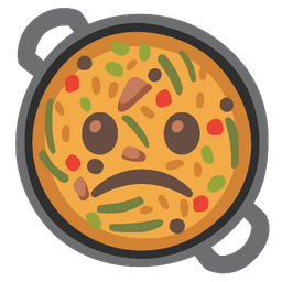 Slightly frowning face and Shallow pan of food