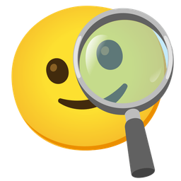 slightly smiling face and magnifying glass tilted right