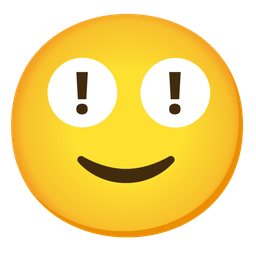 slightly smiling face and red exclamation mark