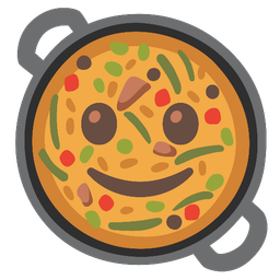 slightly smiling face and shallow pan of food