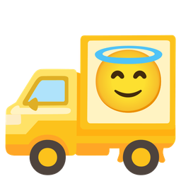 smiling face with halo and delivery truck