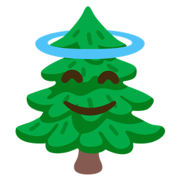 smiling face with halo and evergreen tree