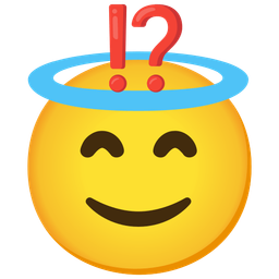 smiling face with halo and exclamation question mark