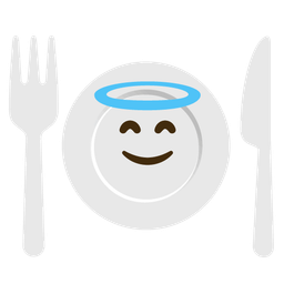 smiling face with halo and fork and knife with plate