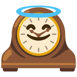 smiling face with halo and mantelpiece clock