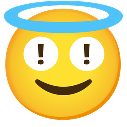 smiling face with halo and red exclamation mark