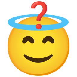 smiling face with halo and red question mark