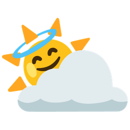 smiling face with halo and sun behind cloud