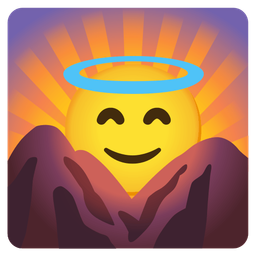 smiling face with halo and sunrise over mountains