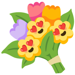 smiling face with heart-eyes and bouquet