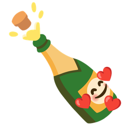 smiling face with hearts and bottle with popping cork