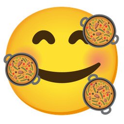 smiling face with hearts and shallow pan of food