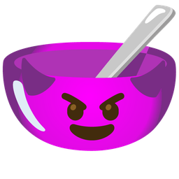 smiling face with horns and bowl with spoon