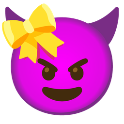smiling face with horns and heart with ribbon