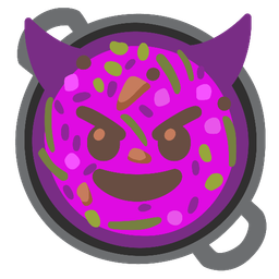 smiling face with horns and shallow pan of food