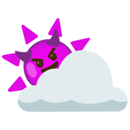 smiling face with horns and sun behind cloud