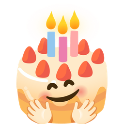 smiling face with open hands and birthday cake