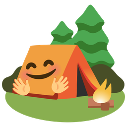 smiling face with open hands and camping