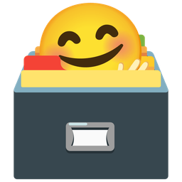 smiling face with open hands and card file box