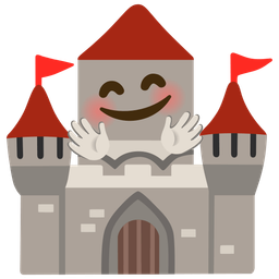 smiling face with open hands and castle