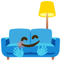 smiling face with open hands and couch and lamp