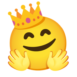 smiling face with open hands and crown