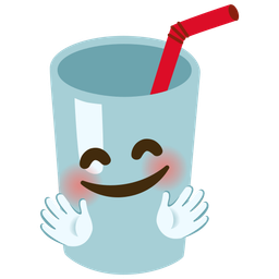 smiling face with open hands and cup with straw