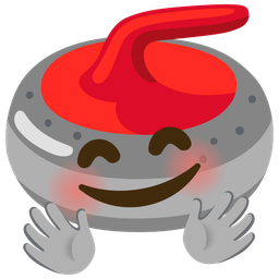 smiling face with open hands and curling stone