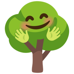 smiling face with open hands and deciduous tree