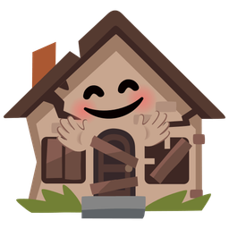 smiling face with open hands and derelict house
