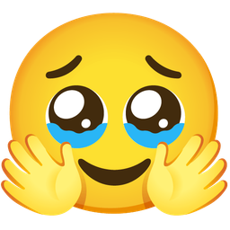 smiling face with open hands and face holding back tears