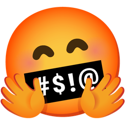 smiling face with open hands and face with symbols on mouth